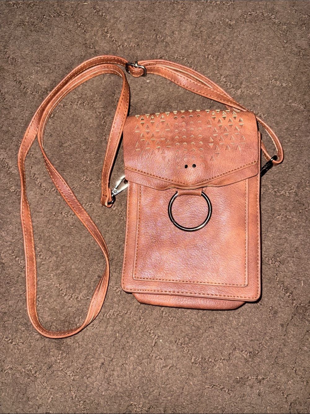 Brown Crossbody Phone Bag with Ring Accent